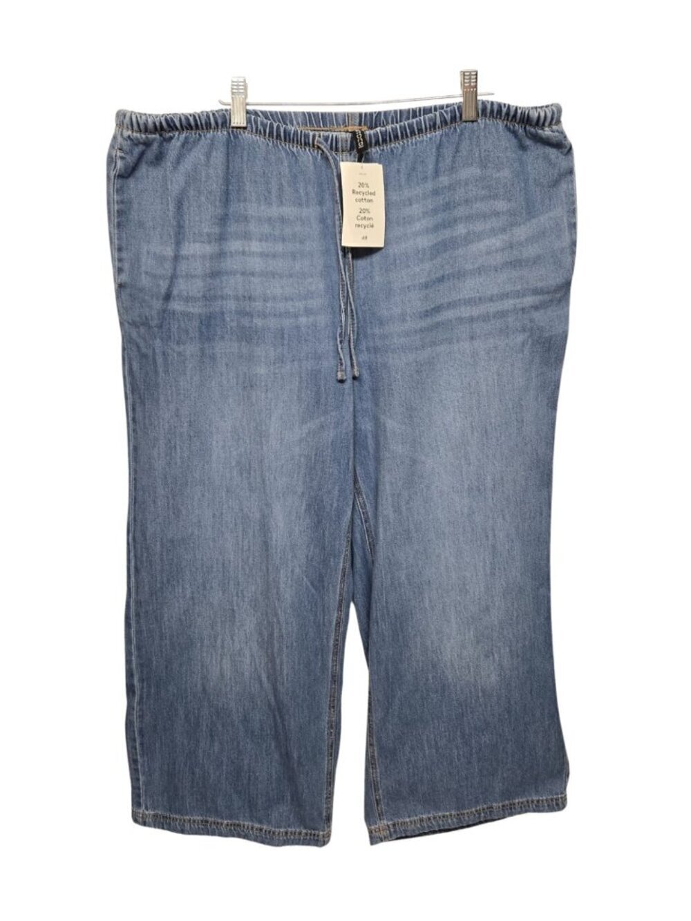 Womens Chambray Jeans L Baggy Wide Leg Ankle Crop Pull-On Lightweight Flowy